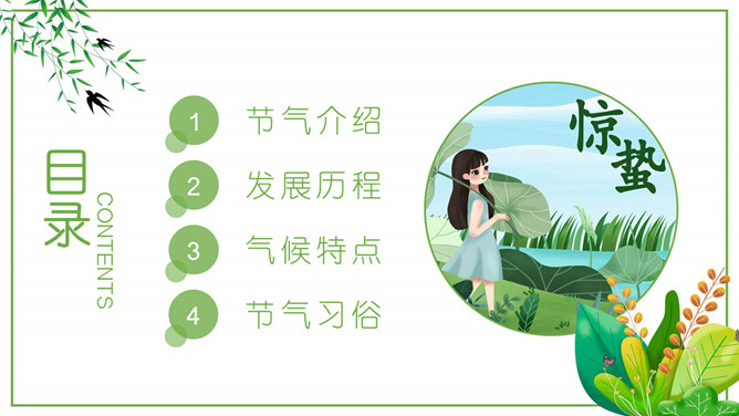 荷叶女孩惊蛰节气PPT模板-叨客学习资料网