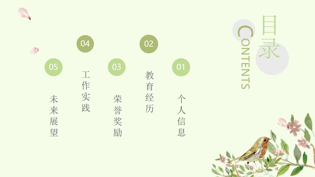清新水彩花鸟背景的个人简历PPT模板-叨客学习资料网