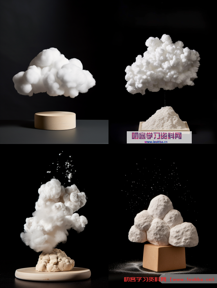 泥塑和棉雕的极简主义的云彩，黑色的背景， - Midjourney Prompt-叨客学习资料网