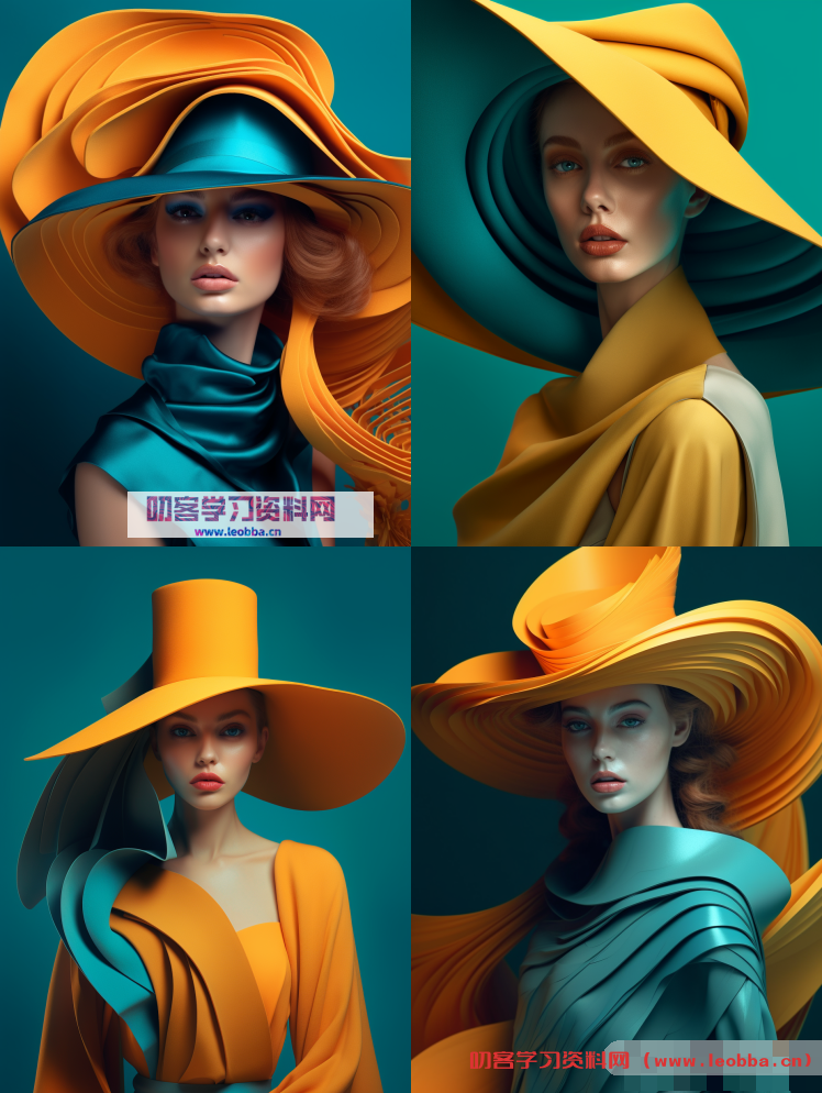 3D女性肖像，戴着一顶蓝色背景的大帽子， - Midjourney Prompt-叨客学习资料网