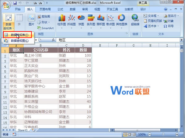 在Excel2007中使用数据透视表制造汇总报表