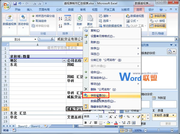 在Excel2007中使用数据透视表制造汇总报表